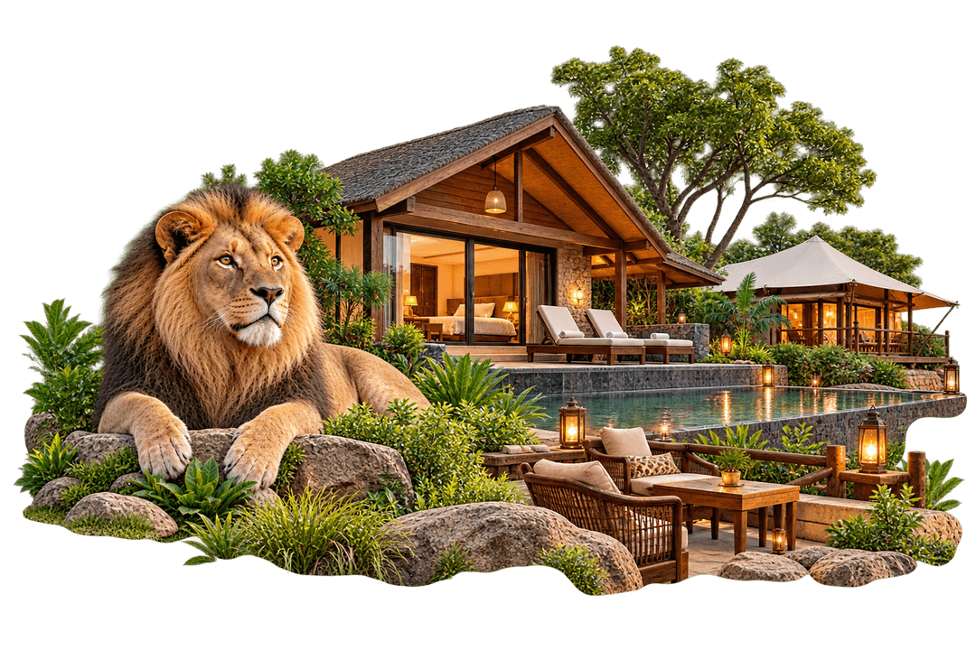 Sasan Gir Luxury Hotels and Forest Resorts - Asiatic Lion in front of Luxury Pool Villa & Safari Cottage
