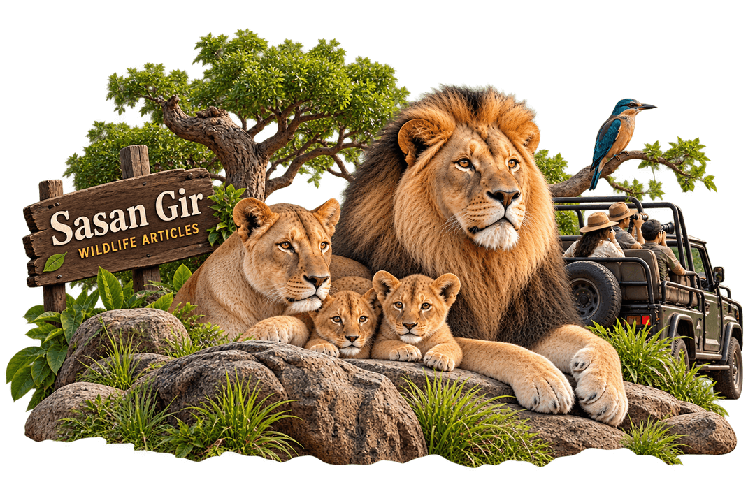Sasan Gir Wildlife Articles - Asiatic Lion Family, Safari Jeep & Signboard