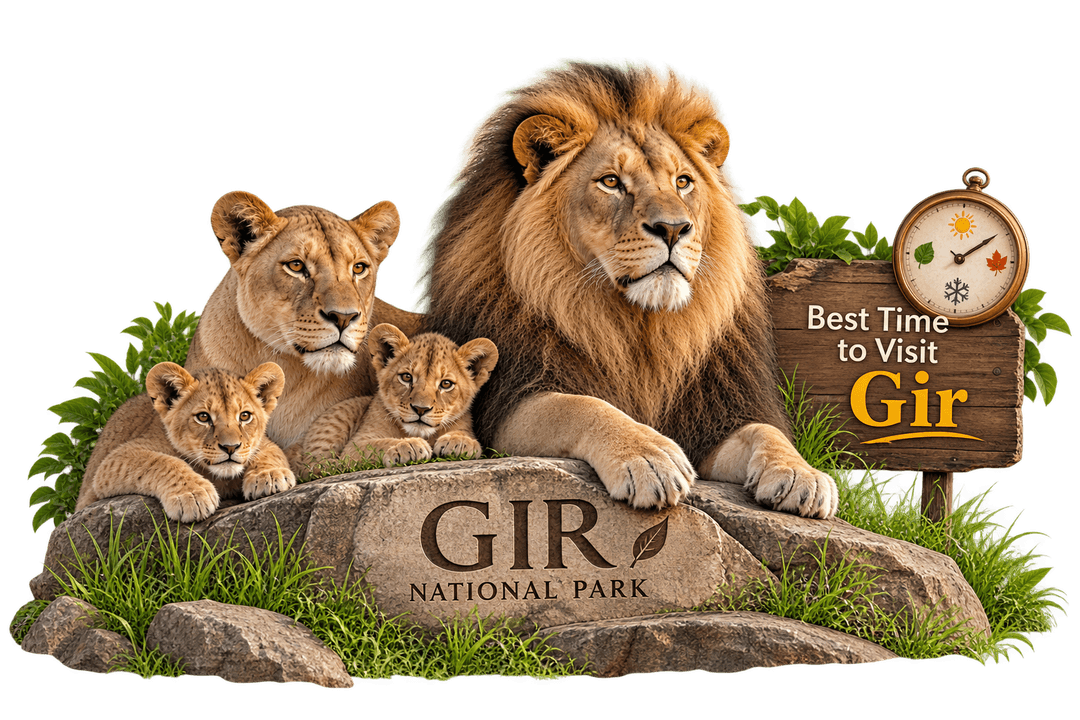 Best Time to Visit Gir National Park - Asiatic Lion Pride, Cub, and Vintage Season Clock Signboard
